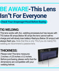 Warning about compatibility of Auto Darkening Welding Lens Shade 11 With True Color Blue Technology, note on TIG welding limits.