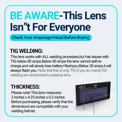 Warning about compatibility of Auto Darkening Welding Lens Shade 11 With True Color Blue Technology, note on TIG welding limits.