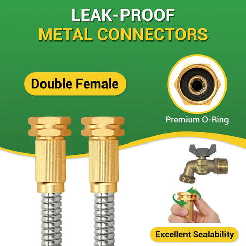 Stainless Steel Garden Hose 3 Ft Heavy Duty Metal Water Hose with female to female fittings and leak-proof connectors.