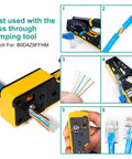 Using crimping tool with 50-Pack Cat6 Shielded Pass Through RJ45 Connectors With Strain Relief Boots for Cat6 and Cat5e network cables.