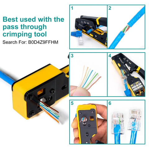 Using crimping tool with 50-Pack Cat6 Shielded Pass Through RJ45 Connectors With Strain Relief Boots for Cat6 and Cat5e network cables.