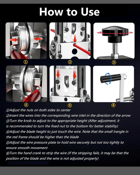 Instructions showing how to use the Drill Powered Wire Stripper Machine For Scrap Copper Cable 0.06 To 1 Inch Range With Easy Crank Or Drill Attachment.