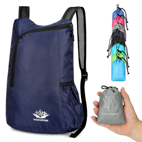 Ultra Lightweight Daypack Water Backpack For Camping, Hiking, Climbing And Riding Foldable Easy Carry Pack in blue and compact pouch