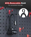 Magnetic Gooseneck Work Light With 4400mAh Rechargeable Battery hanging by hook on pegboard, 1000 Lumen LED, black