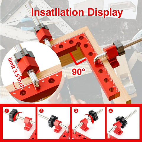 Four Piece Aluminum Corner Clamps Set With Box Five Point Five Inch 90 Degree Right Angle Clamp installation display