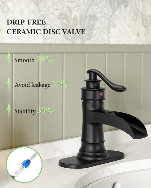 Bold Matte Black Waterfall Bathroom Faucet For Farmhouse Vanity With Single Hole Centerset One Handle Mixer Tap on sink