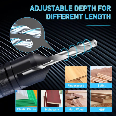 Close-up of Woodworking Countersink Drill Bit Set 5 Piece 3 In 1 Chamfer Bits With Depth Adjustable M2 Pilot Bits showing material compatibility.