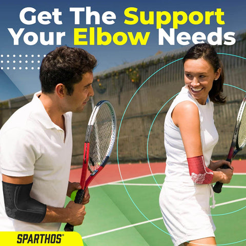 Two people playing tennis wearing Elbow Compression Sleeves For Pain Relief And Support, On The Go Comfort in Large Flamingo Pink.