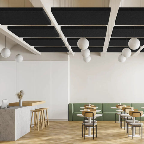 Heavy Hitter Four Pack Acoustic Panels Two Inch Thick Soundproof Fiberglass Wall Tiles And Sturdy Metal Hang Nails Removable Design in modern cafe ceiling.