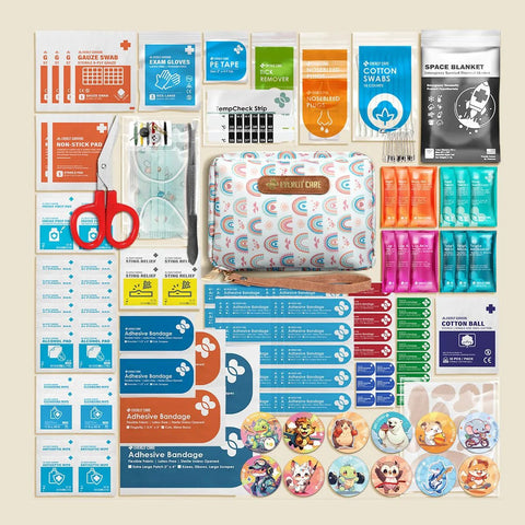 Front view of Everlit Care Rescue Pack rainbow first aid kit with 200 pieces in compact zip pouch.