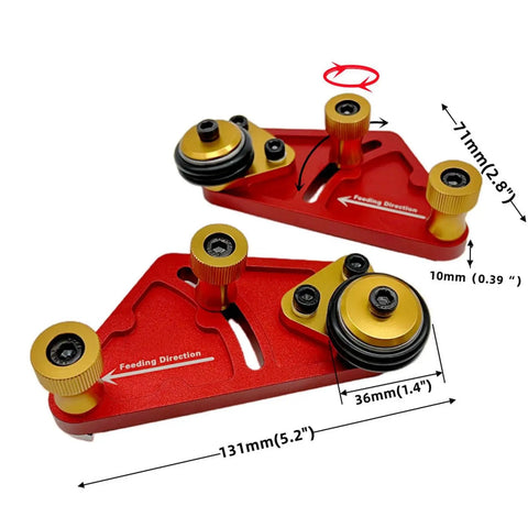 Adjustable Roller Featherboard For Table Saw Feeder With Polyurethane Grippy Wheels And Smooth Guide Rail Heavy Duty Woodworking Jig close-up with dimensions, red aluminum base and black wheels.