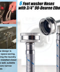 Six Foot Premium Stainless Steel Washer Hoses With 90 Degree Elbow No Lead Burst Proof Three Quarter Inch NPT Connection Hot And Cold Water Inlet Supply Lines For Washer Two Pack showing elbow design and installation examples