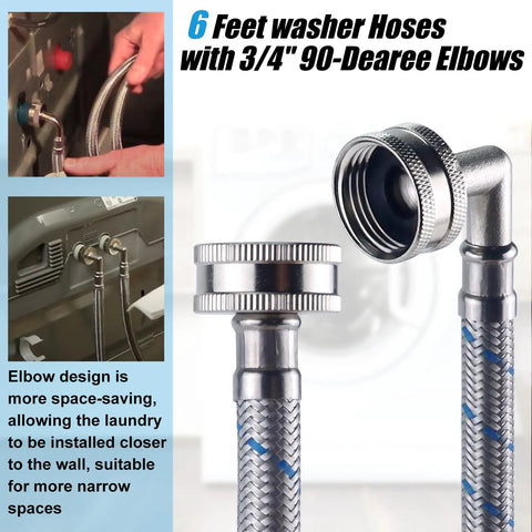Six Foot Premium Stainless Steel Washer Hoses With 90 Degree Elbow No Lead Burst Proof Three Quarter Inch NPT Connection Hot And Cold Water Inlet Supply Lines For Washer Two Pack showing elbow design and installation examples