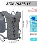 Ultra Lightweight Hydration Vest Backpack With 1.5L Insulated Water Bladder showing size dimensions in gray