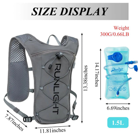 Ultra Lightweight Hydration Vest Backpack With 1.5L Insulated Water Bladder showing size dimensions in gray