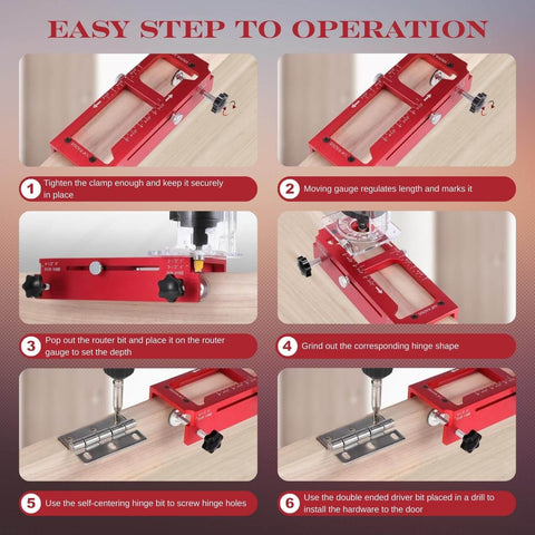 Pro Grade Door Hinge Mortising Jig with Red Aluminum Template Kit and Router Guide shown in step-by-step operation