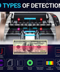 Portable Cash Counter With UV MG IR Counterfeit Detection showcasing 9 counting modes and dual LCD display with banknote image