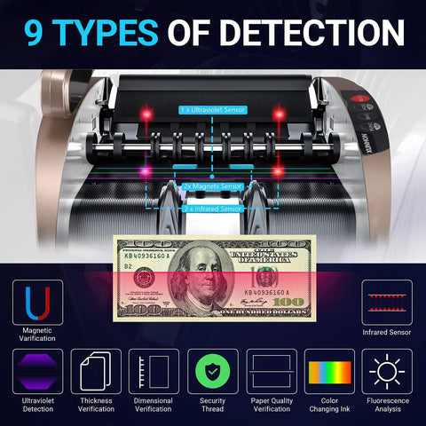 Portable Cash Counter With UV MG IR Counterfeit Detection showcasing 9 counting modes and dual LCD display with banknote image