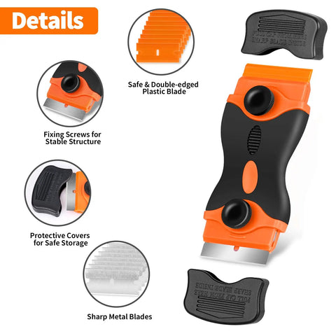 Heavy Duty Blade Scraper Tool With 40 Replaceable Metal And Plastic Blades For Sticker Removal, shown with details