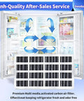 Fridge Air Filter Replacement Cartridge 6 Pack That Keeps Odors Out For Up To 6 Months Fits Whirlpool Maytag KitchenAid JennAir Kenmore AIR1 Fresh Flow White shown with open fridge and airflow