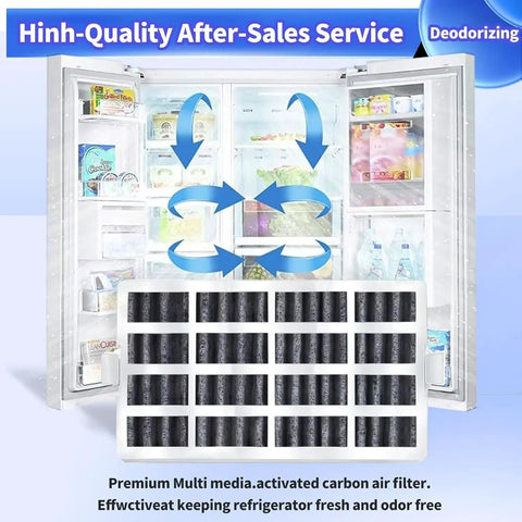 Fridge Air Filter Replacement Cartridge 6 Pack That Keeps Odors Out For Up To 6 Months Fits Whirlpool Maytag KitchenAid JennAir Kenmore AIR1 Fresh Flow White shown with open fridge and airflow