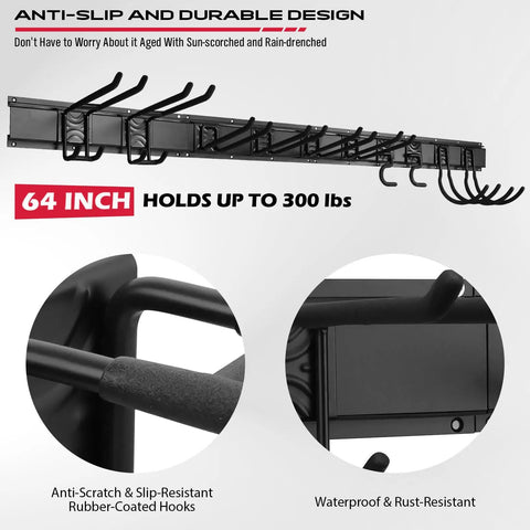 64 Inch Beast Of A Heavy Duty Garage Tool Organizer Wall Mount Rack System With Adjustable Hooks Anti Rust Alloy Steel 300 Lbs Capacity Easy Install Includes 4 Racks 10 Hooks 3 Straps with rubber-coated hooks and rust-resistant design.