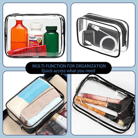 16 Pack Clear Makeup Bags TSA Approved Travel Toiletry Pouches PVC Waterproof Zipper Bags holding toiletries and accessories.