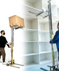 Heavy Duty Portable Manual Lifting Stacker With Effortless Winch For Moving 80kg Loads In The Shop Or Job Site No Power Needed Easy One Man Operation in use for lifting a box.