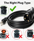 Rugged 10 Foot 3 Pin Charging Cable For Evolution Icon Golf Cart 48V Electric Vehicle 120V To 220V 16 Amp showing correct plug type.