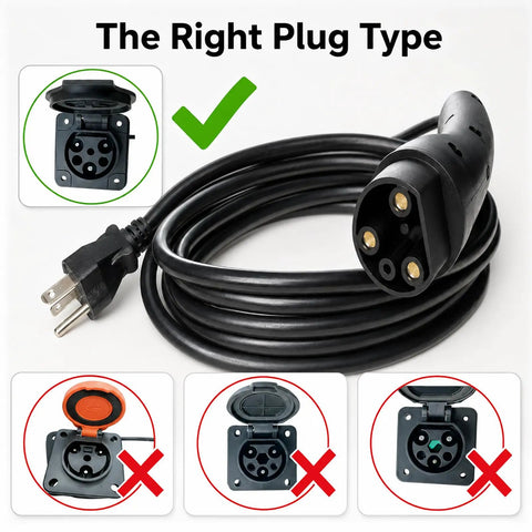 Rugged 10 Foot 3 Pin Charging Cable For Evolution Icon Golf Cart 48V Electric Vehicle 120V To 220V 16 Amp showing correct plug type.