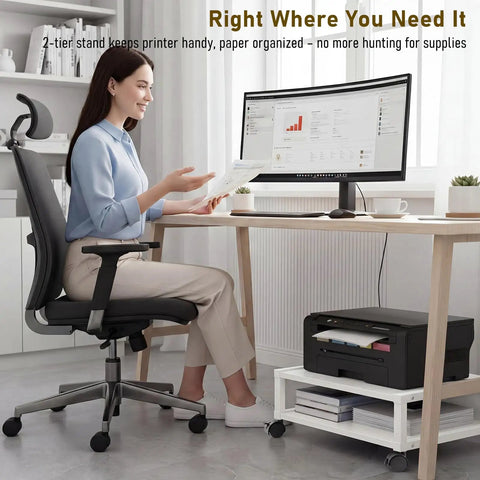 Totally Slick Two Tier Rolling Printer Stand Under Desk With Open Bottom Shelf And Heavy Duty Swivel Casters For Zero Hassle Home Office Workspace Organization White