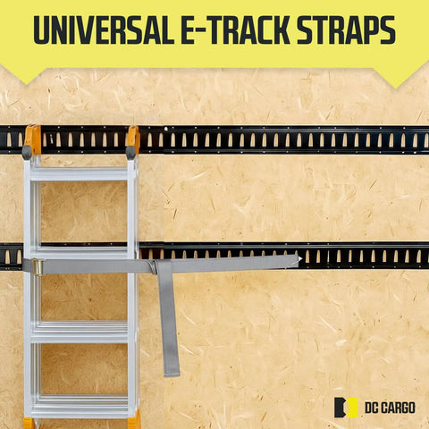 Heavy Duty 2x16 Cam Buckle Tie Down Straps Pack of 2 With Spring Fittings shown on black E-Track holding a ladder