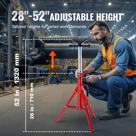 Red steel pipe jack stand with 28–52 in adjustable height and folding tripod legs