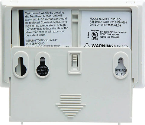 Back view of Carbon Monoxide Detector With Ten Year Battery Digital Display Three LEDs Replacement Indicator Peak Level Memory Two Pack
