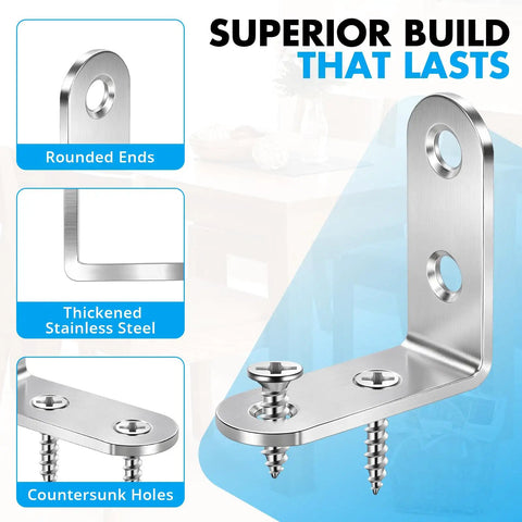 Stainless Steel L Brackets Set, 18 Pack 90 Degree Right Angle Corner Braces For Shelves, Wood Furniture, Cabinets, And Drawers, Rustproof, Water Resistant, Burr Free Edges, Includes 72 Screws with rounded ends and countersunk holes