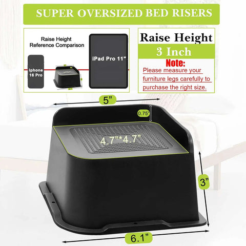 Super oversized bed risers measuring 6.1x5x3 inches, ideal for lifting beds and furniture; part of Heavy Duty Bed Riser Set 2 3 4 6 8 Inches Oversized Furniture Risers Built Tough That Lift Beds Couches Tables And Chairs Up To 6000 Lbs Per Riser Black 4 Pack For Bed Frame Dorm Room Home Office