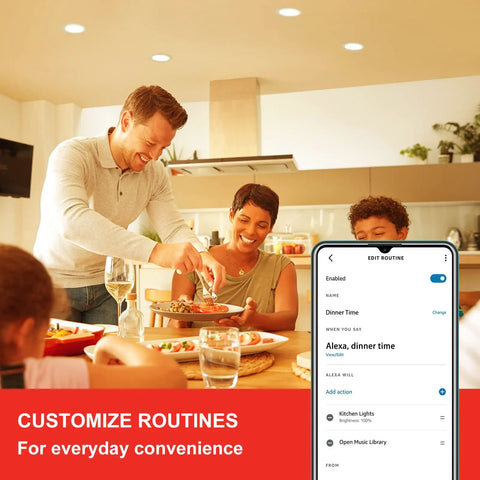 Family dining under Smart Recessed LED Can Lights 5/6 Inch Retrofit Kit Plug And Play 940 Lumen Soft White 2700K Dimmable