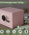 Premium Jewelry Safe With Fingerprint And Keypad Lock, Velvet Lined Document Safe Box With Removable Shelf, Heavy Duty Steel Security For Home Office And Hotels, 1.2 Cu Ft Pink with front view showing keypad and open shelf.