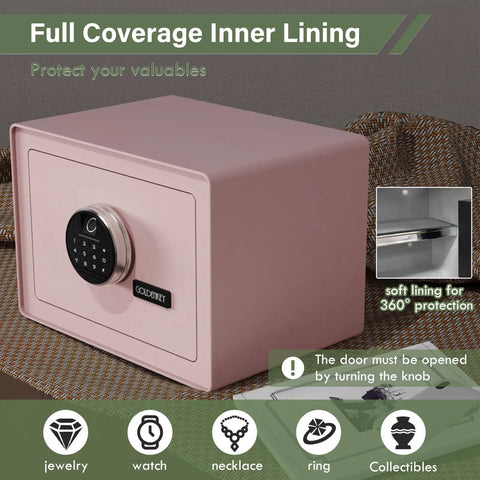 Premium Jewelry Safe With Fingerprint And Keypad Lock, Velvet Lined Document Safe Box With Removable Shelf, Heavy Duty Steel Security For Home Office And Hotels, 1.2 Cu Ft Pink with front view showing keypad and open shelf.