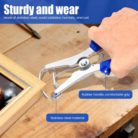 Heavy Duty Stainless Steel Miter Spring Clamp And Pliers Set With Storage Ring For Picture Frame And Woodworking Projects That Won't Rust Or Deform In Studio Workshops Outdoors Including 24 Pcs For All Your Gluing Needs. stainless steel clamp gripping wood frame