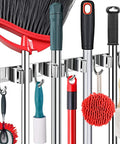 Heavy Duty Wall Mounted Broom And Mop Holder With Four Racks And Five Hooks That Hold Up To Two Hundred Pounds Stainless Steel Tool Organizer