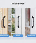 Ten Inch Barn Door Pull Handle Set, Rustic Black Solid Steel With Powder Coat Finish, Ergonomic Chamfered Edges For Comfortable Grip, Easy Install, Gate And Closet Doors, Two Pack For Interior And Exterior Doors displayed in living room, patio, and bathroom settings.
