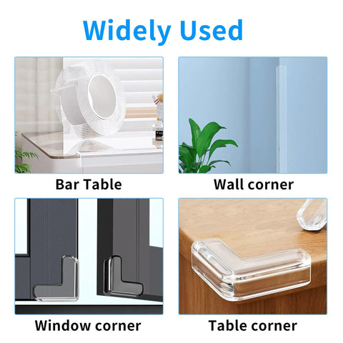 Ultra Clear Baby Proofing Kit With 16 Feet Soft Edge Guards And Six Built Tough Corner Pads For Furniture Cabinets Walls And Doors That Keeps Lil Crew Secure Around The House Without Ugly Covers, shown on bar table and corners.