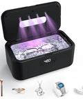 Hella Fresh Ultrasonic Jewelry Cleaner With Smooth 50 Khz Uv Tech 24 Oz Stainless Tank Digital Timer Gives Tight Results For Rings Glasses Watches Dentures Daily with glasses in stainless tank.