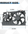 No Sweat Dual Electric Radiator Cooling Fan Assembly Direct Swap Fit For Vw Golf Beetle Jetta Rabbit showing dimensions 26.96x16.53x9.84 inches.