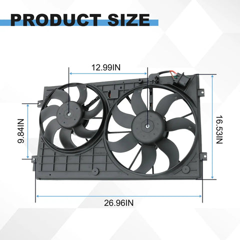 No Sweat Dual Electric Radiator Cooling Fan Assembly Direct Swap Fit For Vw Golf Beetle Jetta Rabbit showing dimensions 26.96x16.53x9.84 inches.