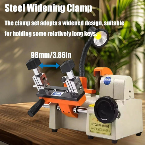 Beefy Automatic Key Cutting Machine With Punchy Led Spotlight For Cars Dead Simple Commercial Metal Key Duplication Tool Built Smooth For Locksmiths Garage Tinkers And Hardware Pros, showing steel widening clamp and LED light.