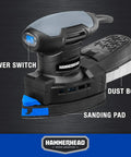 Beast Of A 1.4 Amp Detail Sander With 12000 OPM Dust Collection System, showing power switch, dust box, and sanding pad.