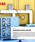 Outdoor installation of 60A 240V AC Pull-Out Disconnect Switch with GFCI Receptacle for Air Conditioner beside a metal enclosure.