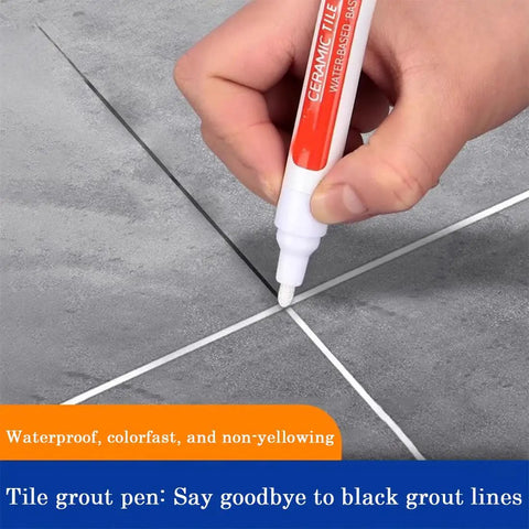 Hand using Tile Grout Repair Pen For Ceramic Tiles, Waterproof Joint Marker With Fast Drying Color Restore In White